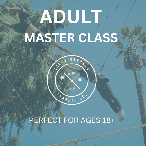 First-time student mid-air catch on flying trapeze at Santa Barbara Trapeze Co.