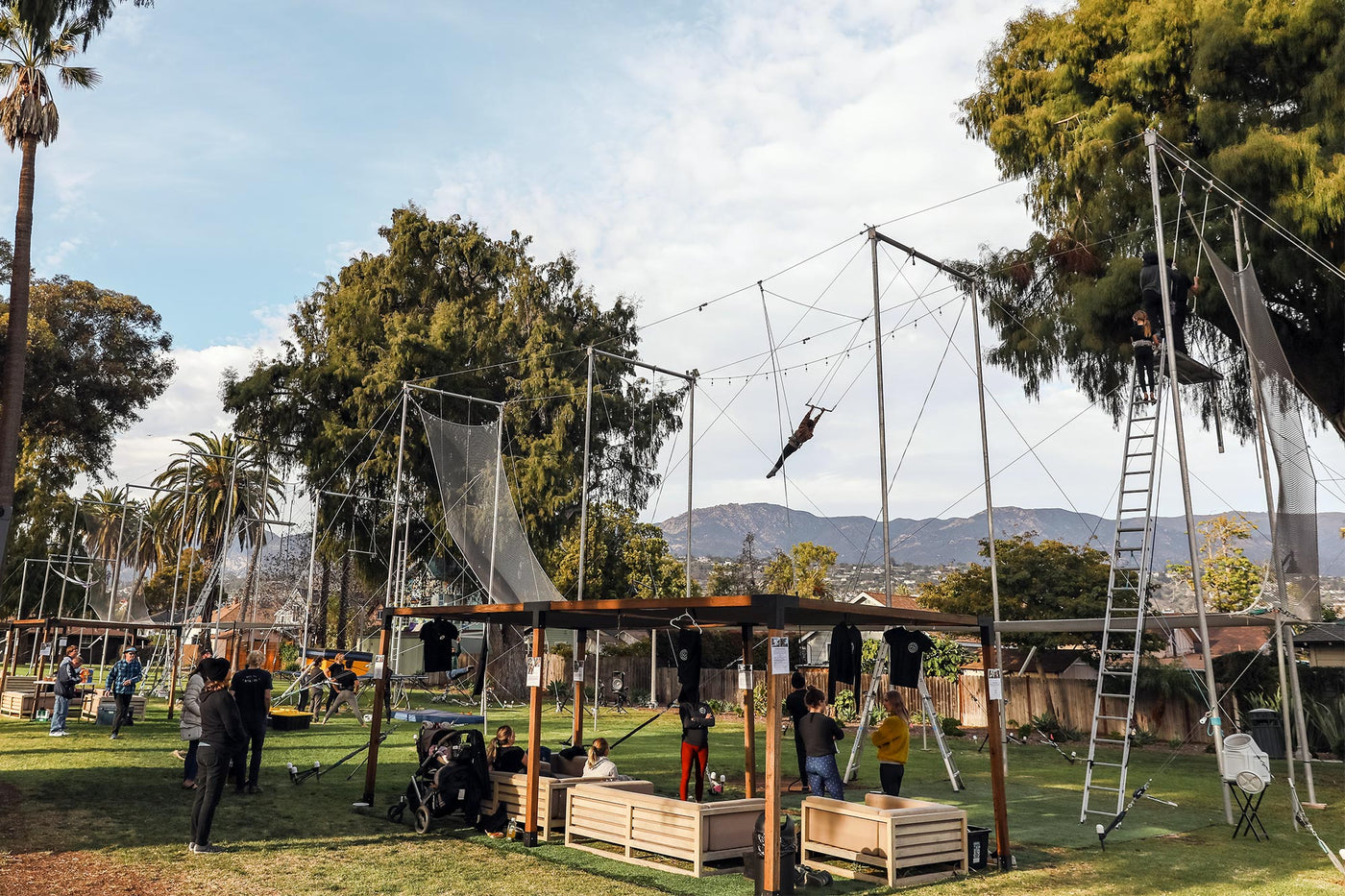 people at private event at santa barbara trapeze rig